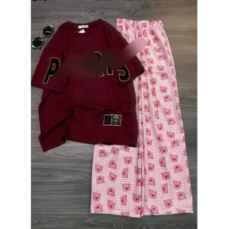 [ Rẻ Vô Địch] Sét Bộ Quần Heo Hồng + Mix Áo Phông Form Rộng Chữ PARIS Đỏ