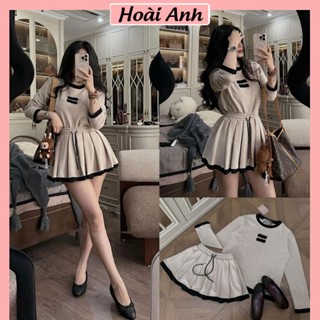 Set Bộ Đồ Nữ Len Lông Thỏ Màu Nâu KAB Áo MIU Dài Tay Phối Viền Đen Mix Chân Váy Xếp Ly Viền Gấu Freesize