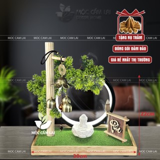 Tiểu Cảnh Xông Trầm tượng Chú Tiểu ĐẾ CỎ XANH BONSAI KÈM CHUÔNG GIÓ Decor Trang Trí (Chọn Chữ, Tặng Nụ Trầm)