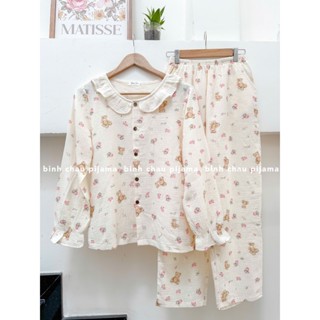   ẢNH THẬT  Set đồ ngủ - Đồ bộ dài tay cổ tròn phối viền bèo chất liệu xô muslin cao cấp - Bình Châu Pijama 