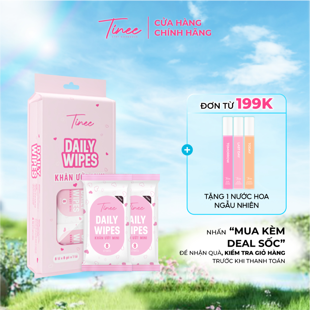 Khăn ướt mini Tinee dùng lau tay, lau miệng hoặc đồ dùng - Túi khăn mini tiện lợi (8 tờ x 8 gói/ túi)