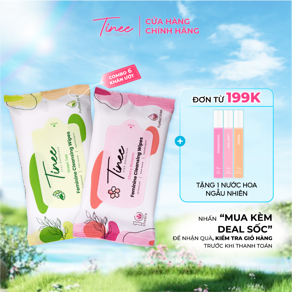 Combo 6 Gói khăn giấy ướt vệ sinh phụ nữ Tinee 10 tờ/ gói