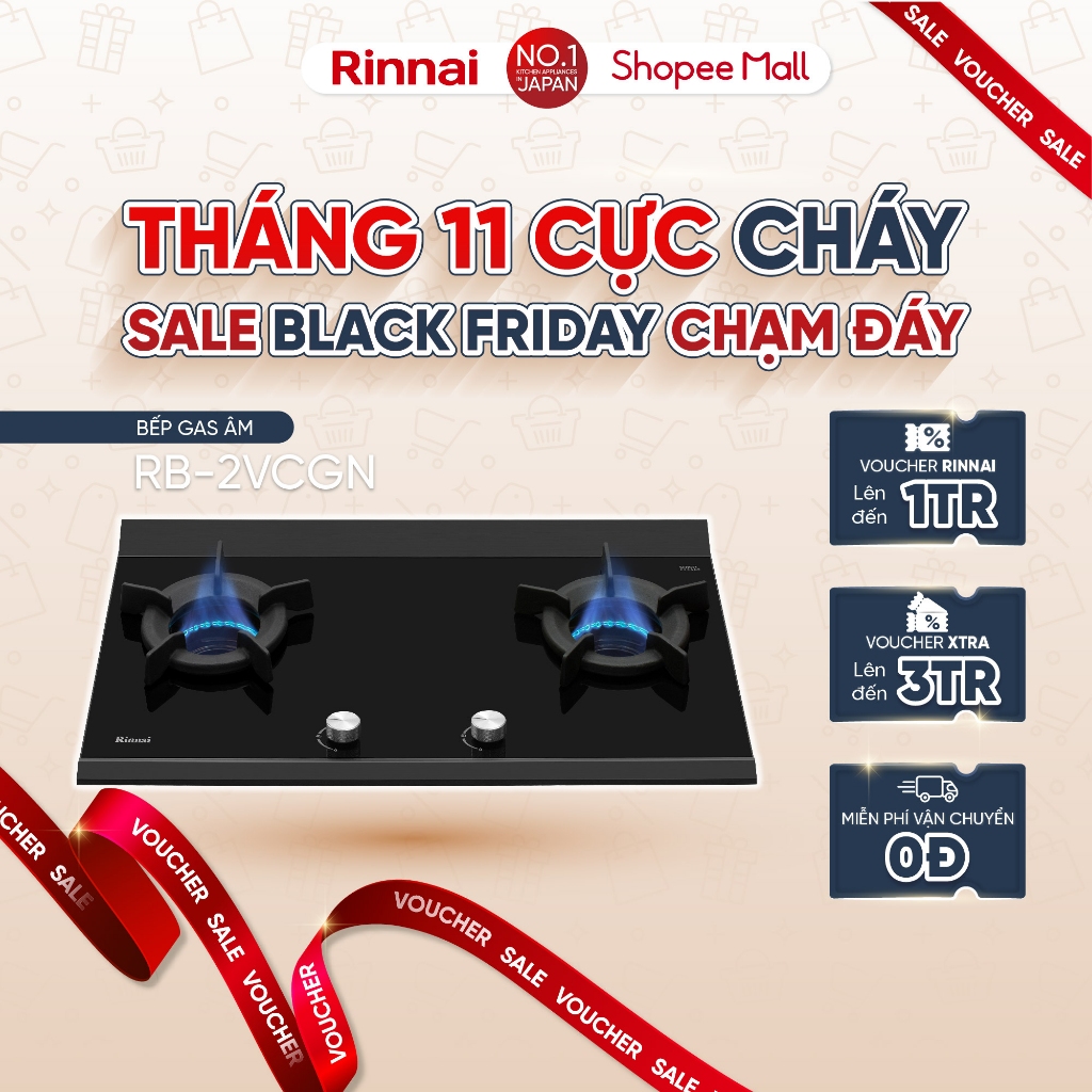 Bếp gas âm đầu đốt trong Rinnai RB-2VCGN mặt bếp kính Schott và kiềng bếp gang - Hàng chính hãng.
