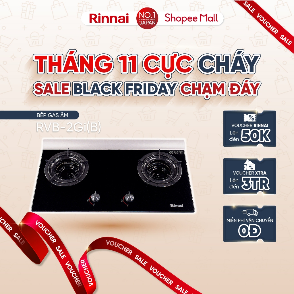 Bếp gas âm đầu đốt trong Rinnai RVB-2Gi(B) mặt bếp kính và kiềng bếp men - Hàng chính hãng