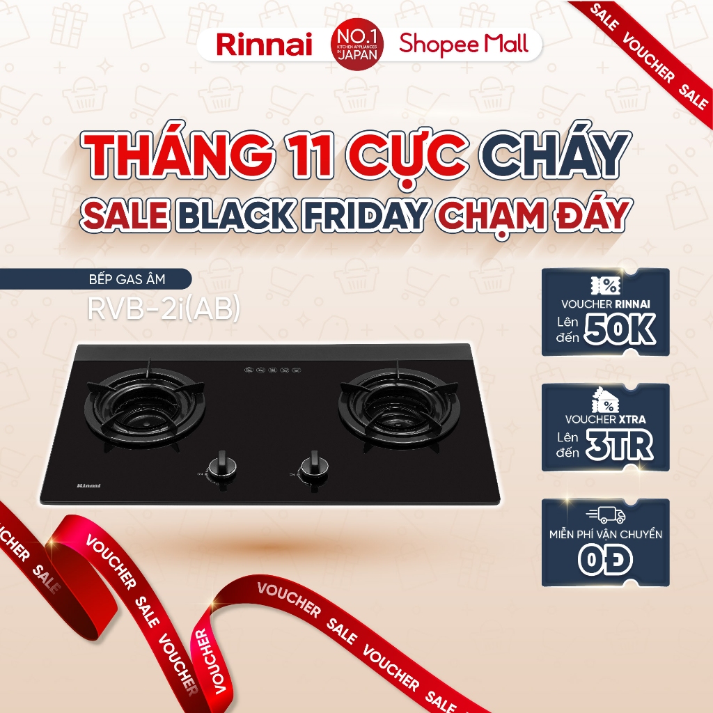 Bếp gas âm đầu đốt trong Rinnai RVB-2i(AB) mặt bếp kính và kiềng bếp men - Hàng chính hãng.