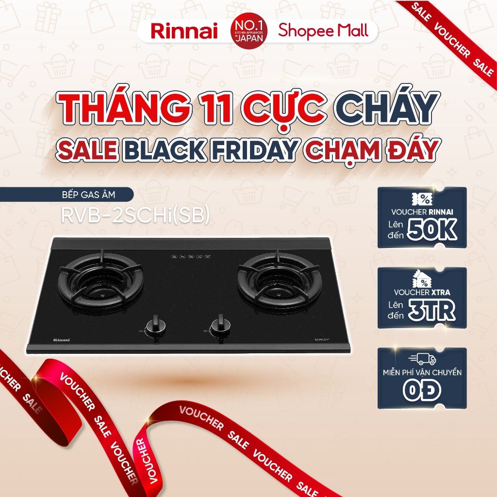 Bếp gas âm đầu đốt trong Rinnai RVB-2SCHi(SB) mặt bếp kính SCHOTT và kiềng bếp gang - Hàng chính hãng