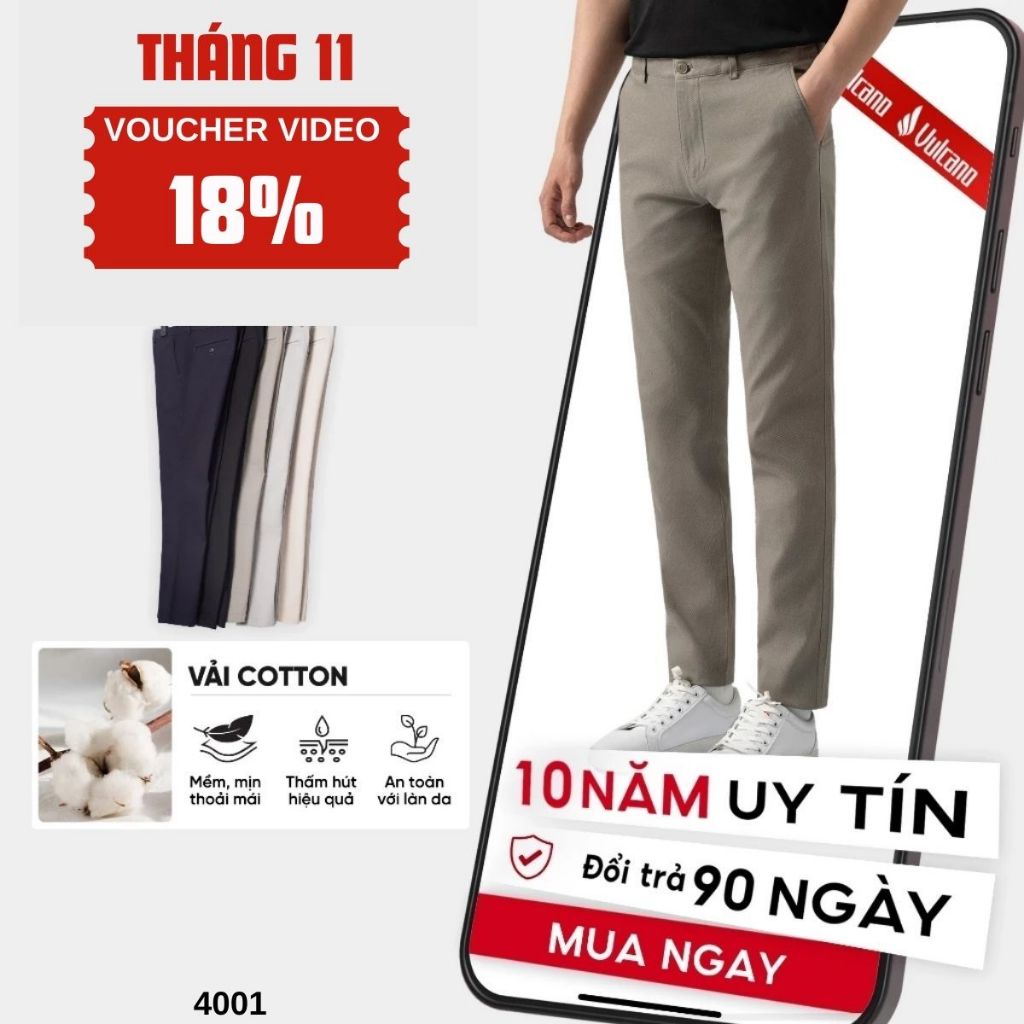 Quần kaki nam Vulcano vải cotton cao cấp co giãn thoải mái thoáng mát thiết kế slimfit trẻ trung 4001