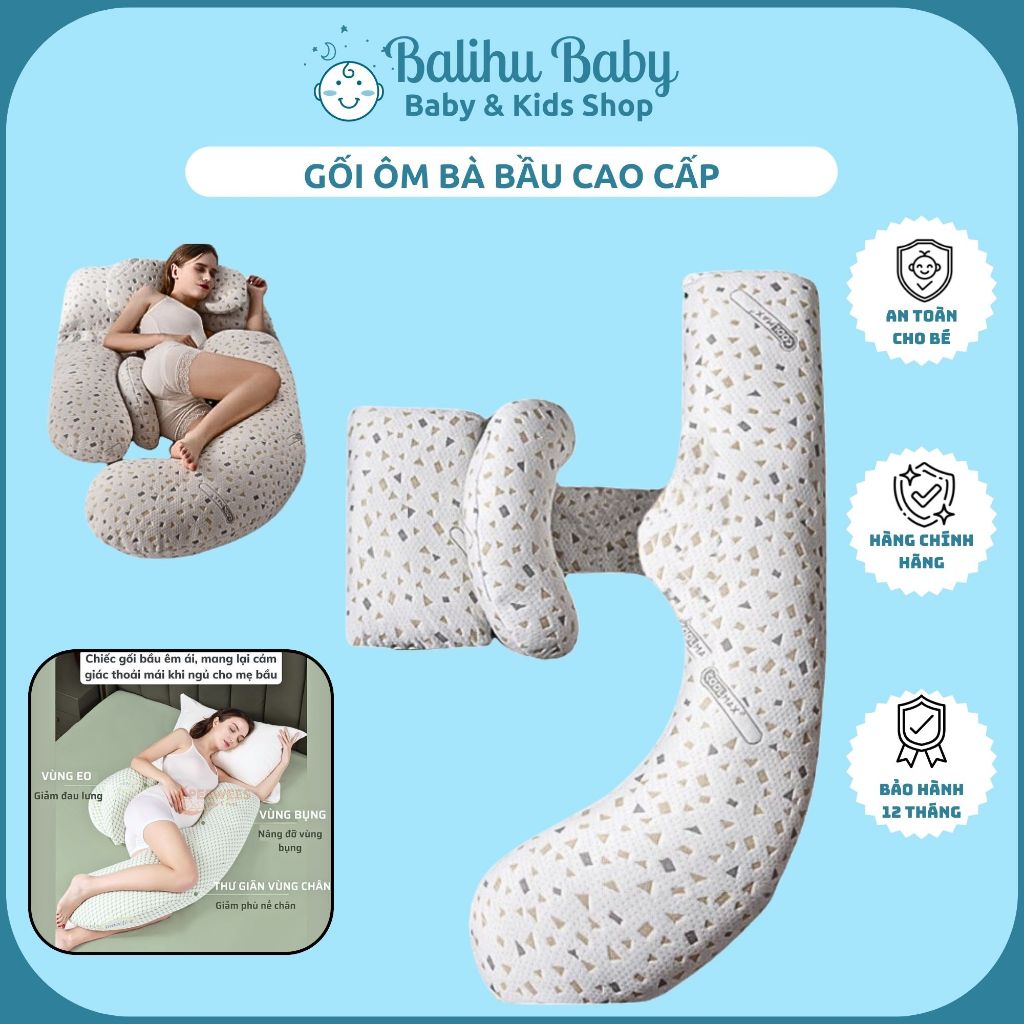 Gối ôm bà bầu cao cấp, Gối ngủ bà bầu thiết kế thông minh, Gối bà bầu đa năng hỗ trợ giảm đau lưng nâng đỡ bụng.