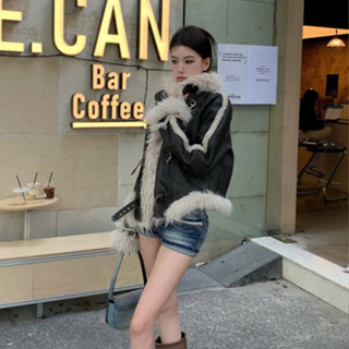 KA015 Áo khoác da cao cấp dày dặn phối lông mềm mại kèm đai ngang phong cách cá tính