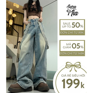  Quần jean dài ống rộng lưng cao Saramia nữ dáng suông vải bò kèm đai xanh retro cá tính D18 