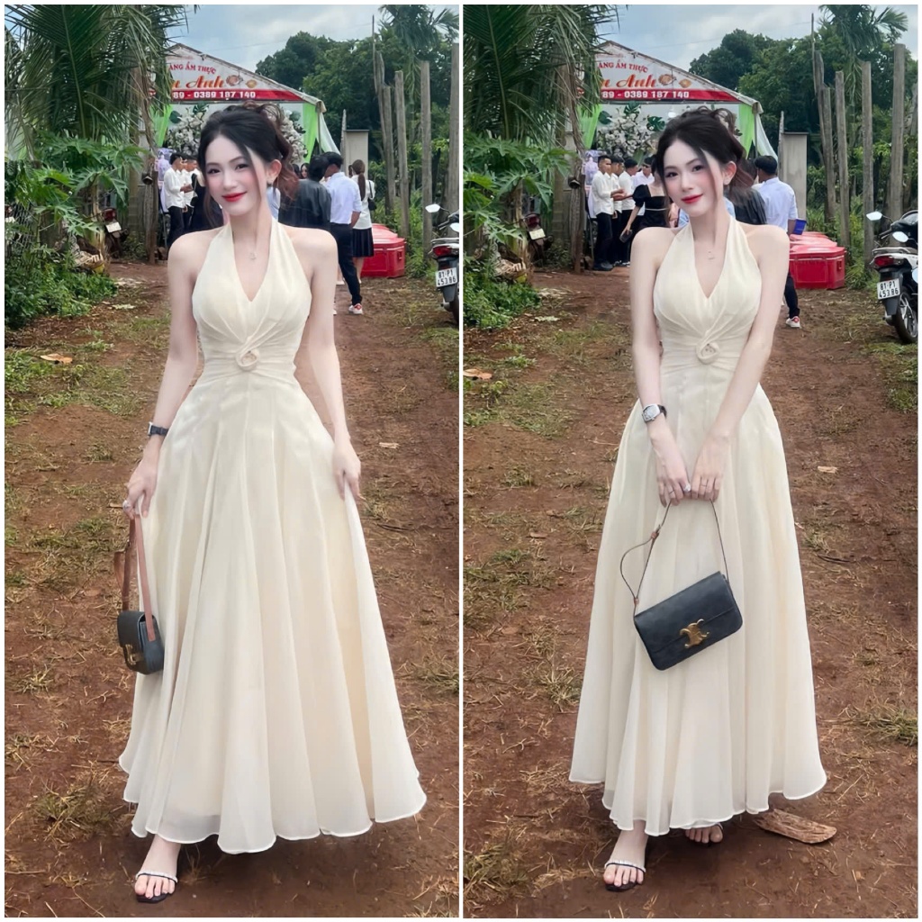 Đầm cổ yếm hoa eo A47 đầm dự tiệc dáng dài tùng xòe bồng sang chảnh - Akara Closet Dress Women xuhuo