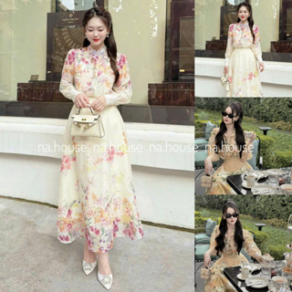 Set váy nữ áo sơ mi dài tay kèm chân váy dài hoa nhí Nahouse set bộ nữ đi chơi công sở thiết kế thanh lịch và sang trọng