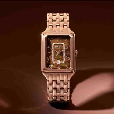 Đồng hồ nữ Fossil RAQUEL ES5323, mặt số hình chữ nhật, xà cừ, 26MM, dây thép không gỉ màu vàng hồng