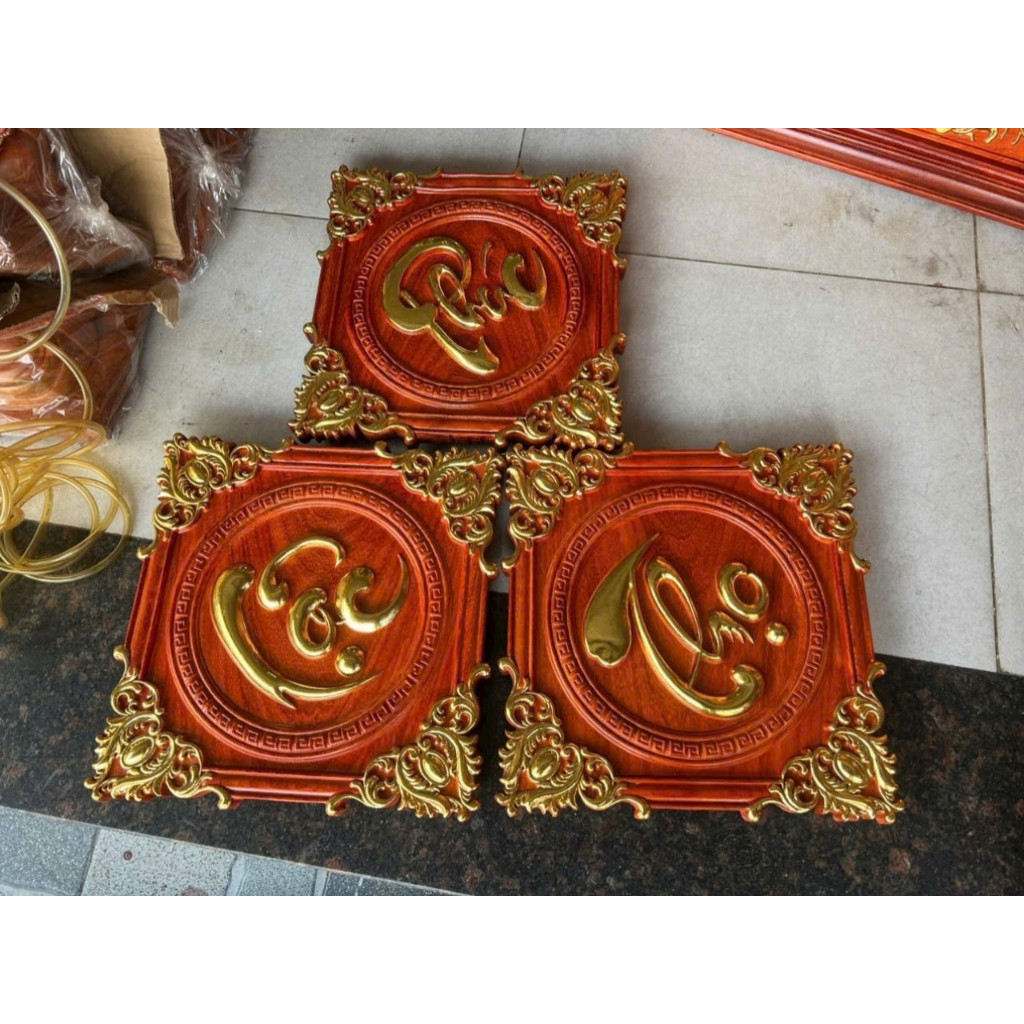 Bộ tranh Chữ Phúc Lộc Thọ gỗ hương đỏ nhập vuông 40X40 CM