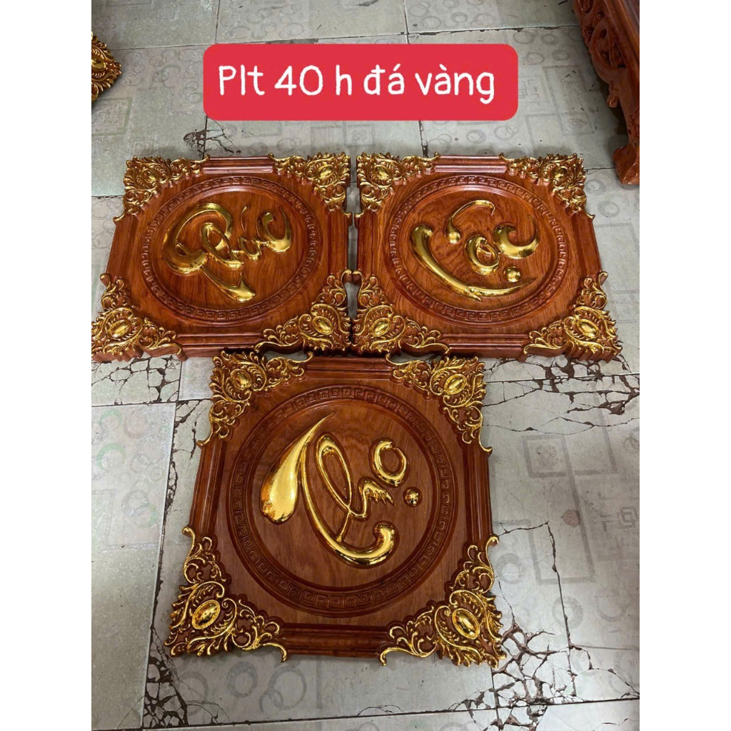 Bộ 3 tranh chữ gỗ hương đá Phúc Lộc Thọ nhũ vàng 40x40 cm