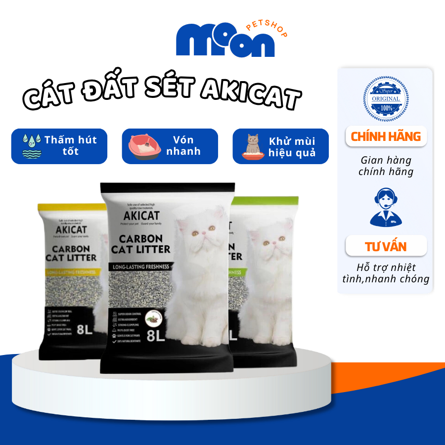 Cát vệ sinh cho mèo, cát đất sét AKICAT túi 8L thấm hút, độ vón cao