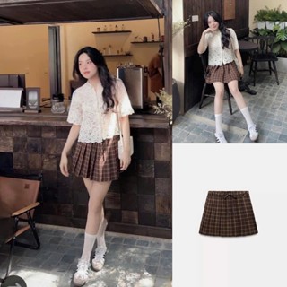 Chân váy kẻ caro nâu buộc dây Zara C067