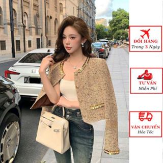 Áo khoác dạ tweed nữ viền hoa đá kim sa dáng ngắn 2 lớp cao cấp tiểu thư mùa đông hàn quốc
