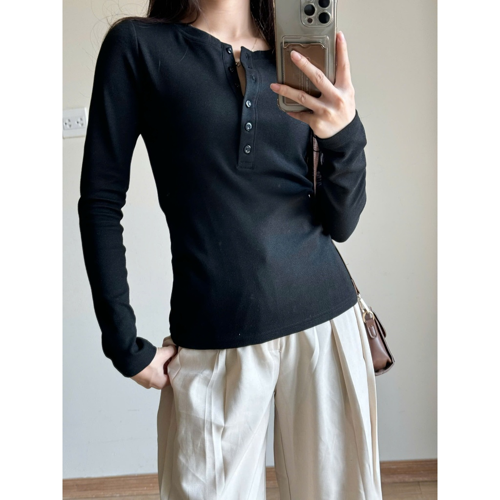 Áo thun dài tay cúc xẻ dáng ôm chất thun tăm lông thỏ mịn co giãn HA888 | BigBuy360 - bigbuy360.vn