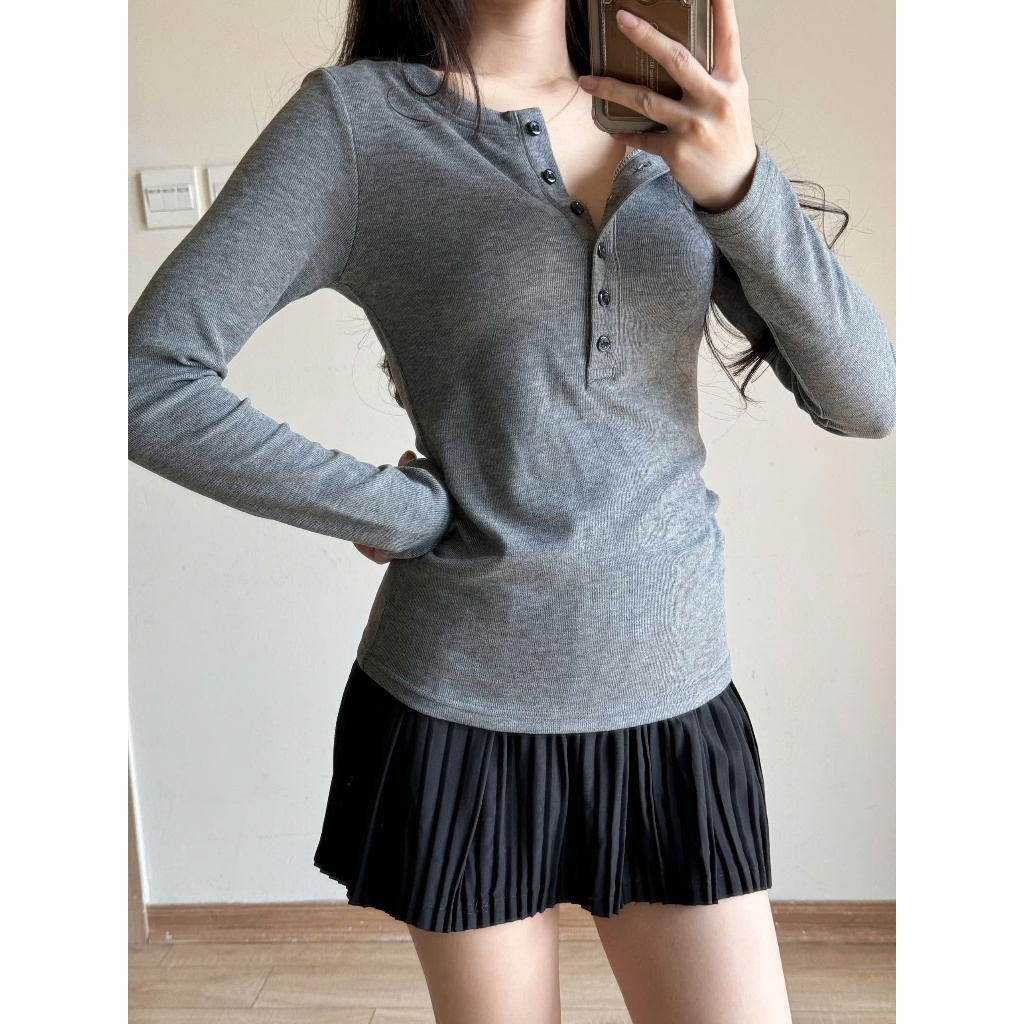 Áo thun dài tay cúc xẻ dáng ôm chất thun tăm lông thỏ mịn co giãn HA888 | BigBuy360 - bigbuy360.vn