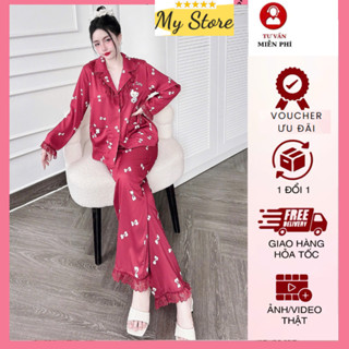 [ SALE ] Đồ bộ Pijama, đồ ngủ cao cấp lụa latin in 3D tay dài quần dài dễ thương, freesize dưới 65kg MY STORE