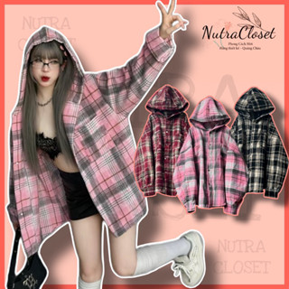 Áo khoác dáng sơmi caro có nón chất flannel dạ mềm mại cài nút nhiều màu unisex nam nữ