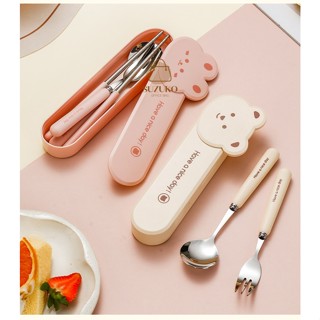 Bộ thìa nĩa THỎ GẤU dễ thương, Set hộp muỗng dĩa inox 304 mini văn phòng đẹp hộp có nắp đậy chống bụi TM21