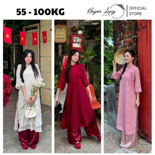   BST TẾT 2026  Set áo dài cách tân lông vũ bigsize nữ dáng suông quần lụa duyên dáng hot trend Huyền Lucy Bigsize 