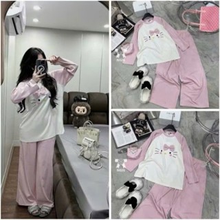Bộ Nỉ Nữ Thu Đông Hello Kitty Màu Hồng Raglan Dài Tay - Women, Top, Set Bộ Nỉ Áo Cổ Tròn Kèm Quần Dáng Suông