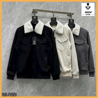 Áo khoác da lộn nam cổ lông lót lông dày dặn, Áo khoác nam mùa đông