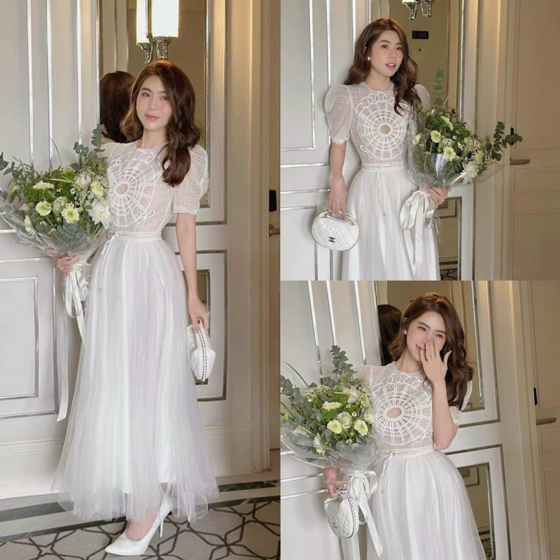 Váy Cưới Cô Dâu Tay Bồng Phối Chân Váy Midi Xoè, Đầm Tiểu Thư Trắng Phối Lưới Tay Phồng Kết Logo Ren Bốn Lớp - A.T.B