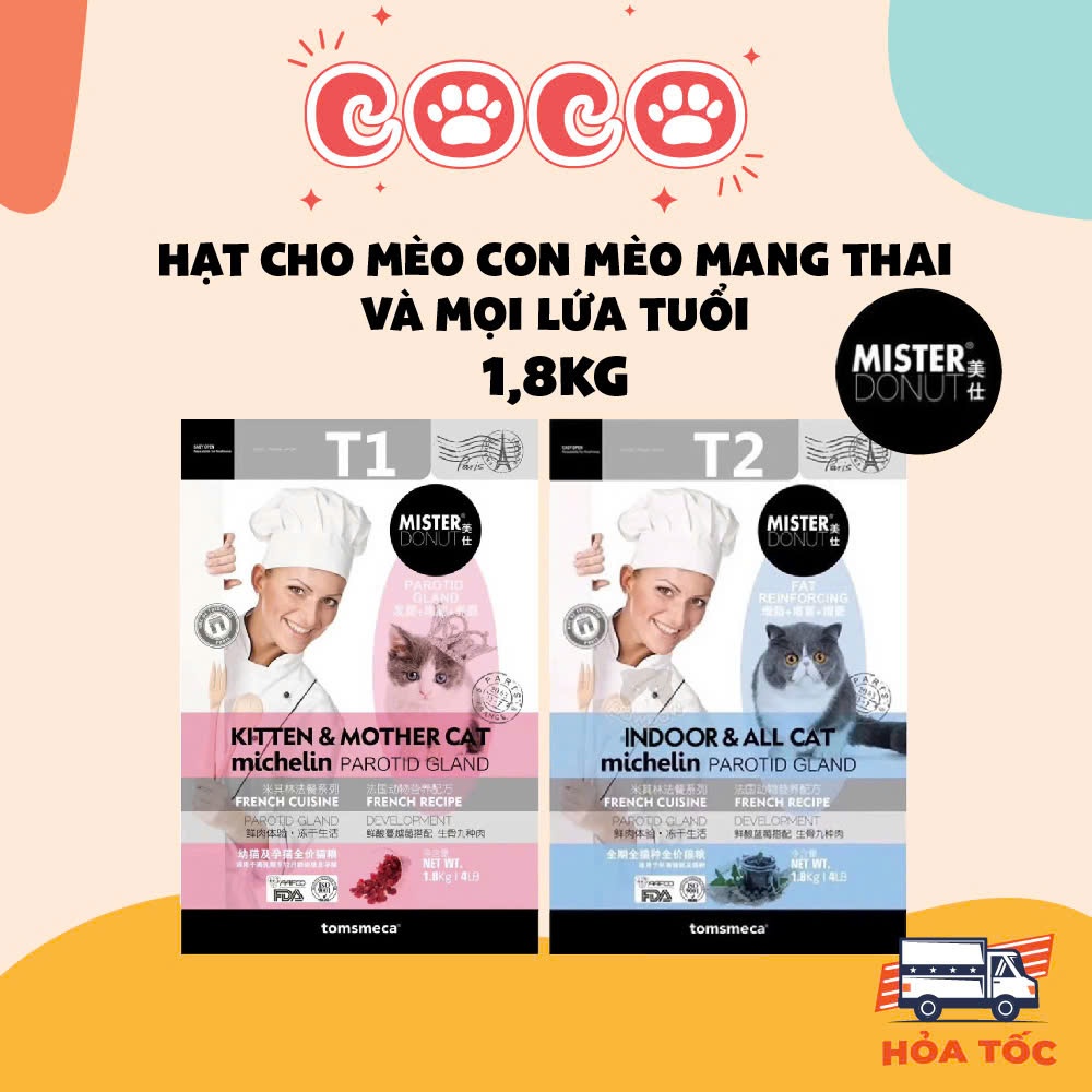 Hạt Cho Mèo Mister Donut 2 Vị Cho Mèo Con Mèo Mang Thai Và Mèo Mọi Lứa Tuổi Túi 1,8kg - CoCoPets