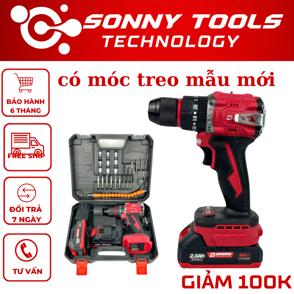 Máy khoan pin DRAMA D-5521 Động cơ Không chổi than, 13ly 3 Chức năng, Có khóa trục và điều tốc siêu 
