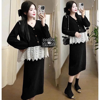 Set váy bầu SET226 gồm áo cổ V phối ren + chân váy bầu phong cách trẻ trung