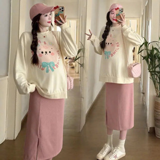 Sét áo nỉ bầu thu đông kèm chân váy phong cách hàn quốc in hình ngộ nghĩnh