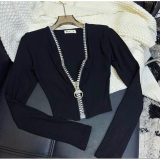  Áo croptop tay dài khoá kéo bản to áo thun thu đông 
