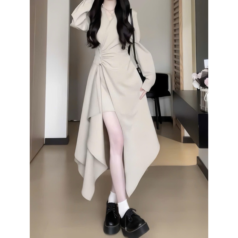 Váy tay dài phong cách Hàn Quốc, Đầm vạt chéo tà xẻ nhún bụng cách điệu cho mùa thu đông, váy đi chơi đi biển cực xinh