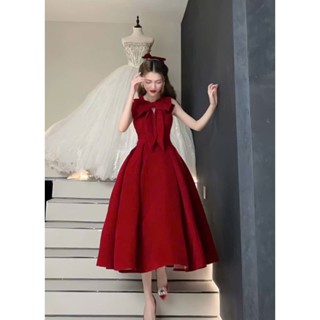  Đầm maxi xoè nhung đỏ thiết kế cổ yếm đính nơ cho nàng dự tiệc,đi chơi  V042 