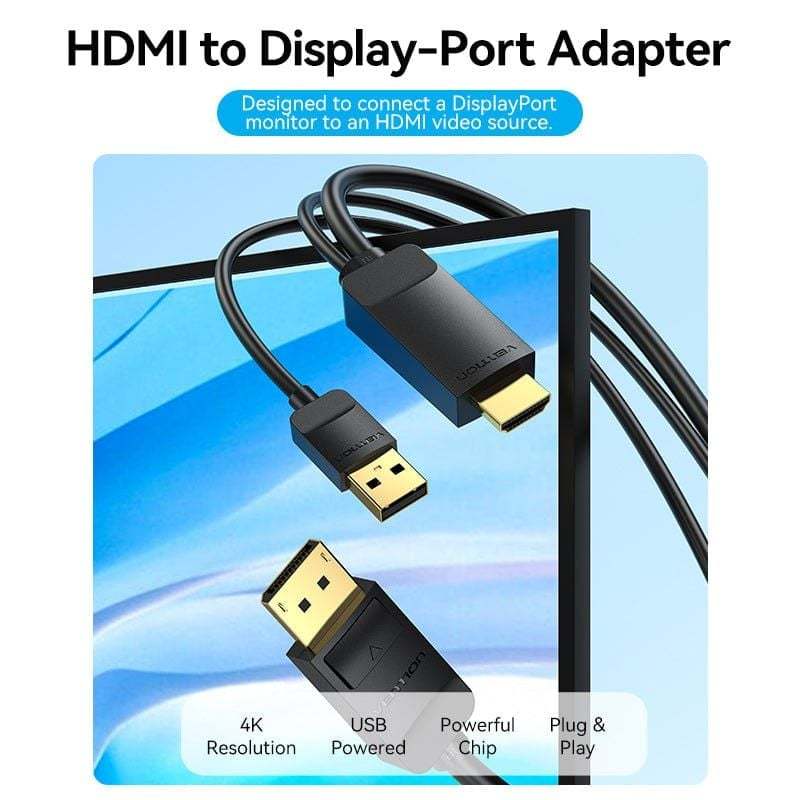 Cáp Chuyển HDMI to DisplayPort 4K VENTION ABJ (4K@60Hz, 18Gbps, With USB Power Port)