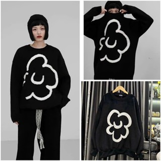   RẺ VÔ ĐỊCH  Áo Sweater nỉ bông màu đen dài tay hoa trắng to nổi bật dáng dài oversize phong cách retro 