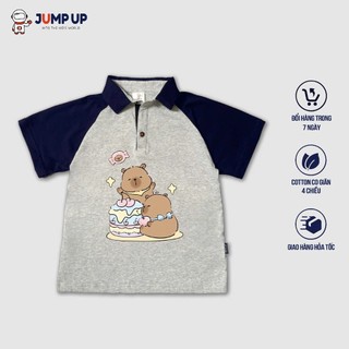 Áo Polo Capybara Màu Xám Phối Tay Than, Áo Phông In Hình Capybara Màu Xám Cho Bé Trai Mặc Đi Chơi