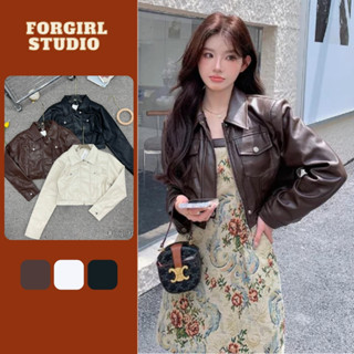 Áo khoác da Forgirlstudio kéo khóa kiểu dáng croptop cá tính phong cách y2k dành cho nữ T012