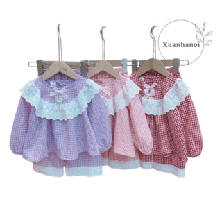 Bộ thu đông bé gái kẻ caro dai tay phối ren 3 mầu 10-20kg XHN1627