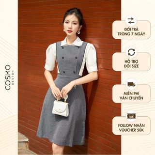 Váy đầm nữ thiết kế dáng xoè kẻ tím than phối giả sơmi trắng thanh lịch quý phái 11604