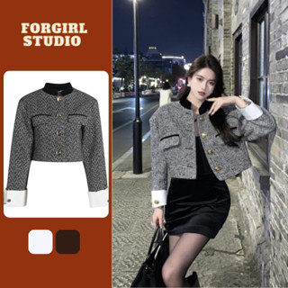 Áo Khoác Dạ Tweed Cổ Tàu Họa Tiết Kẻ Sọc Chéo Forgirlstudio  Phối Tay Nhung Sang Chảnh Dáng Croptop T041