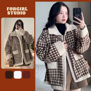 Áo khoác dạ lót lông cừu kẻ caro ForgirlStudio Áo dạ cổ bẻ phối túi phong cách Hàn Quốc T013