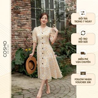 Váy đầm nữ thiết kế dáng xòe hoa nhí vàng cổ vest thân bổ mảnh nhẹ nhàng thanh lịch Fresca Dress 11624