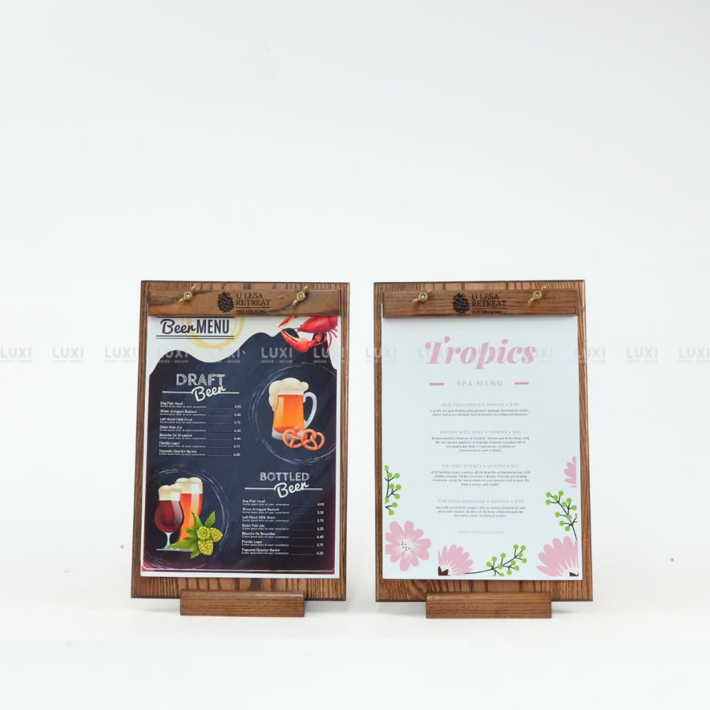 HCM l MENU GỖ SỒI CAO CẤP KÈM ĐẾ, MENU GỖ ĐỂ BÀN (MIỄN PHÍ KHẮC LOGO) - LUXI DECOR HCM