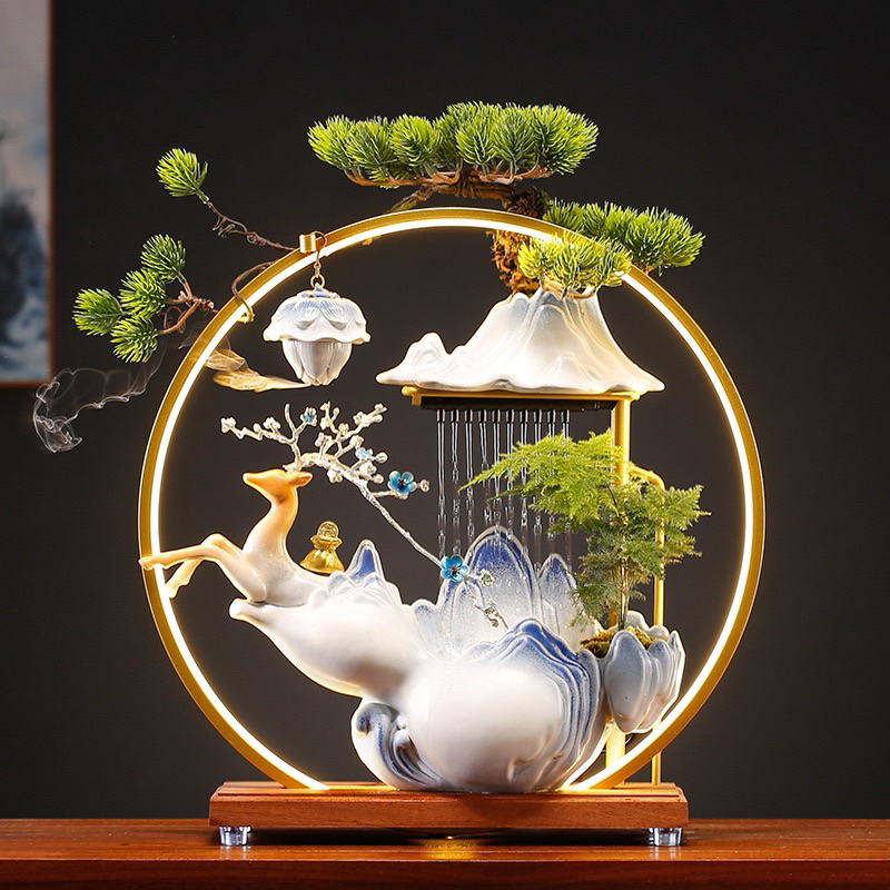 Thác Nước Phong Thủy Tượng Hươu Tài Lộc Kèm Kệ Led Hào Quang Cao Cấp, Decor Tiểu Cảnh,Phòng Làm Viêc