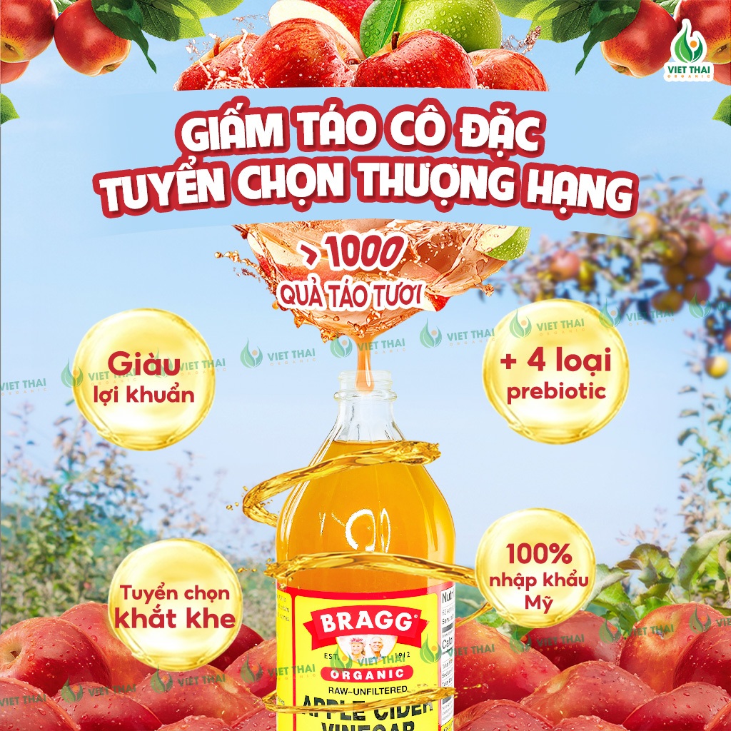 [CHÍNH HÃNG] Giấm Táo Hữu Cơ Mỹ Bragg Có Giấm Cái - Dấm Táo Giảm Cân Ăn Kiêng Eatclean Việt Thái